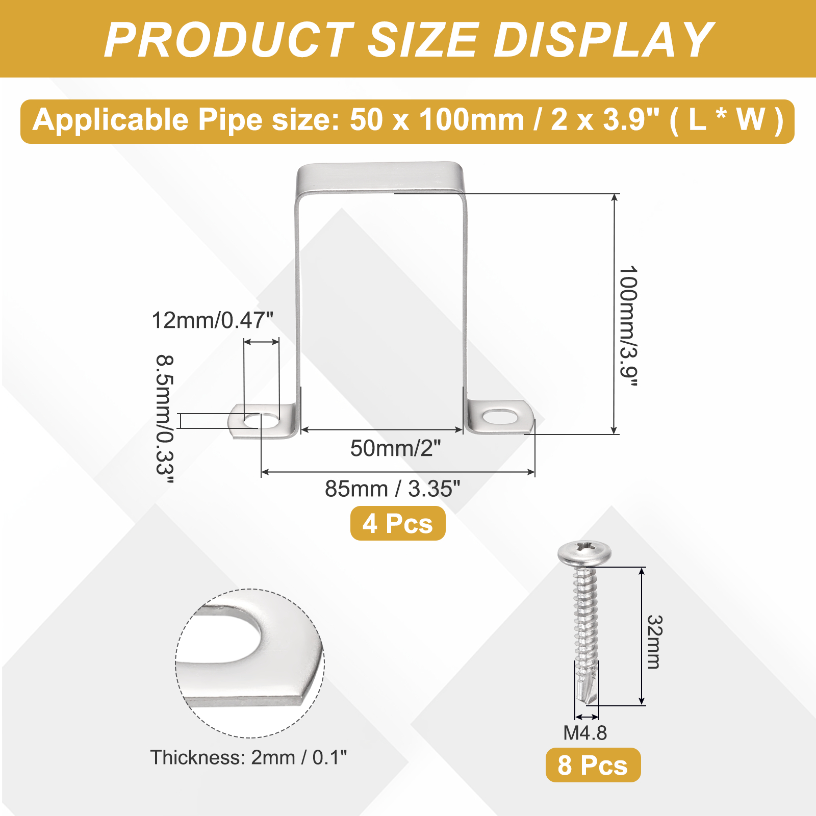 Uxcell 4Pcs U Shape Square Tube Clamp, 50x100mm U Shaped Bracket 304 Stainless Steel Square Strap Clamp with Phillips Head Self Drilling Screws for Pipes Door Closed Bar Holder Railings