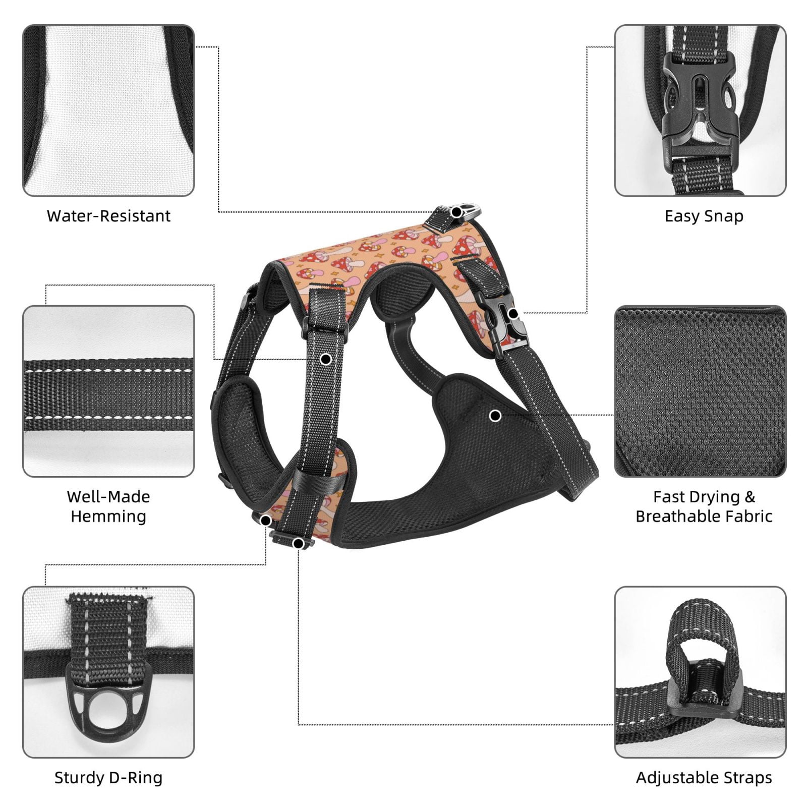 Naloa Mushroom Pet Harness Vest with Traction Rope, Adjustable No-Choke Dog Vest for Outdoor, Walking - Large