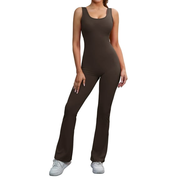 INSPIRE CHIC Women's Hollow Back Bodysuit One Piece Body Full Suit Long Pants Leggings Workout Fitness Catsuit XS Brown