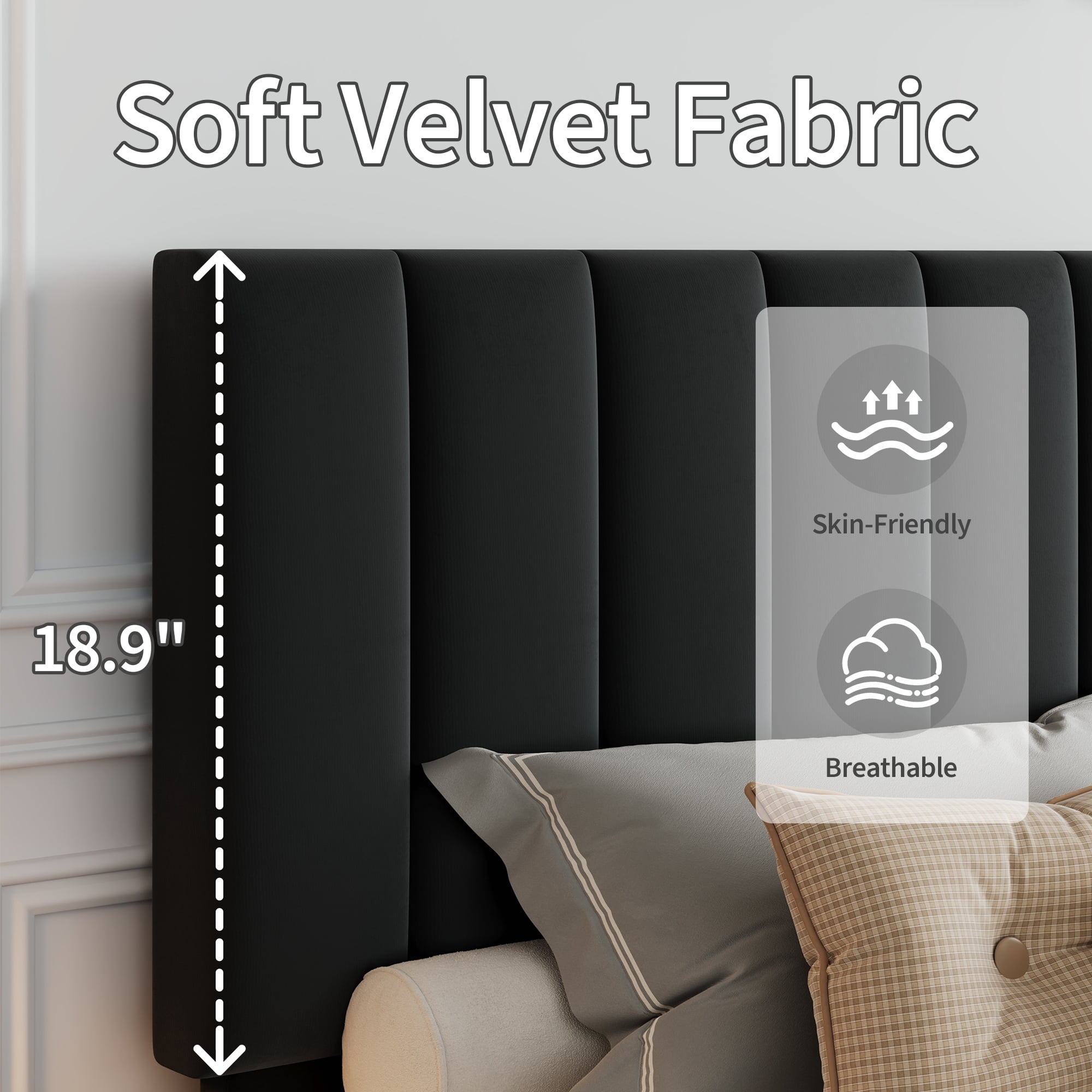GOGRANT Velvet Upholstered Platform Bed Frame with Adjustable Headboard, Full