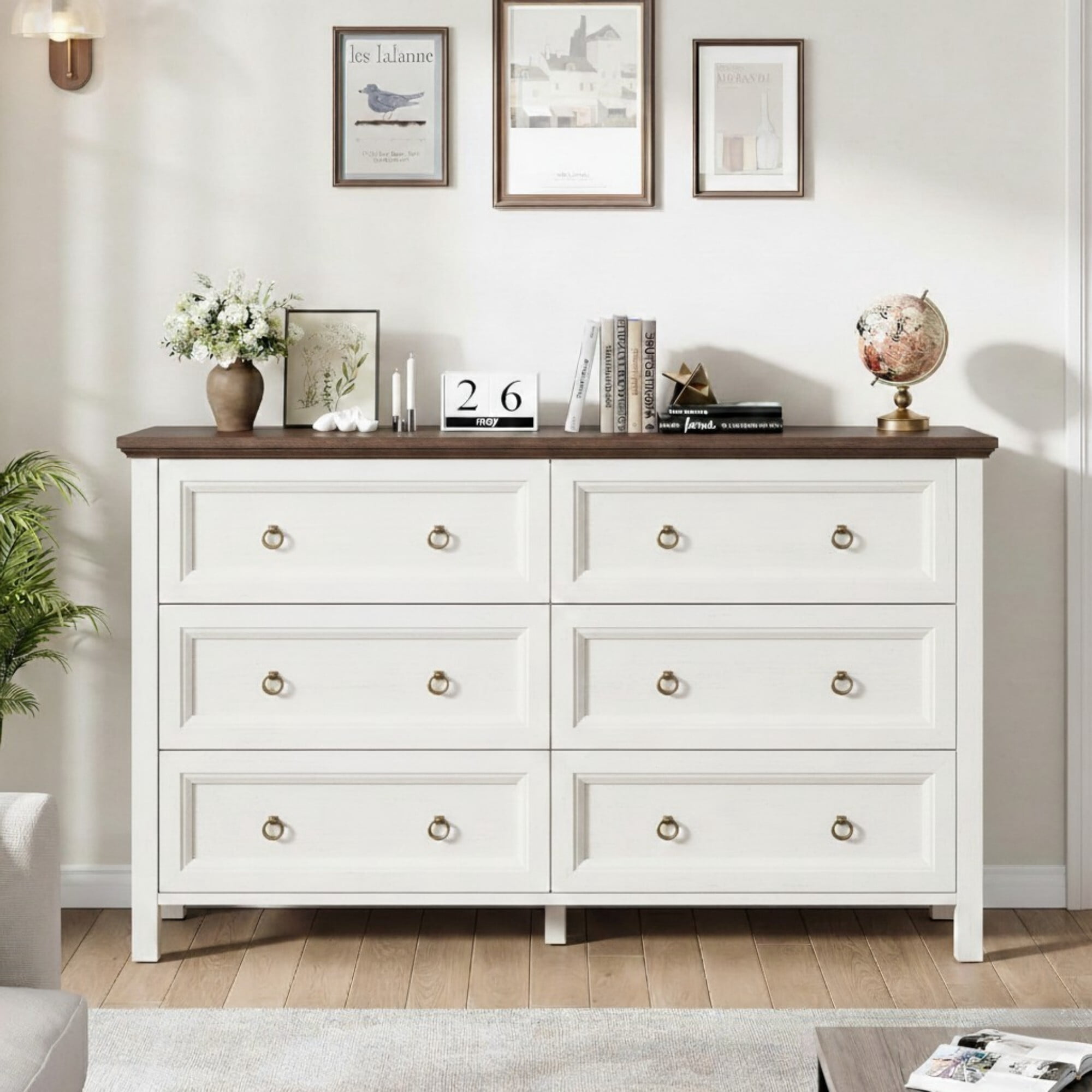 DEALTOPS 6-Drawer Farmhouse Dresser, 54" Wide Wood Storage Chest Bedroom Organizer with Metal Handles, White