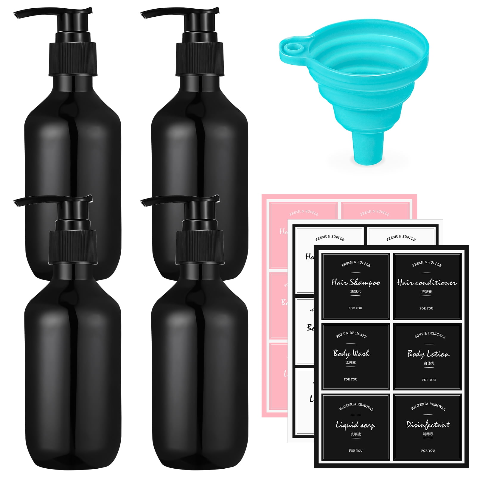 HEQUSIGNS 4 Pack Shampoo and Conditioner Dispensers, 10 Oz Refillable Plastic Shampoo Soap Bottle with Pump, Labels, Funnel(300ml)
