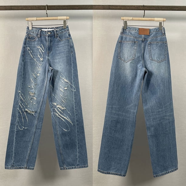 Pantalones vaqueros rectos con agujero y letras grabadas con láser King para mujer, para parecer fino y versátil, novedad de 2024