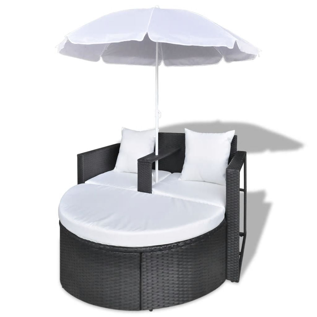 Kepooman Outdoor Patio 2-Person Rattan Sun Lounger with Cushion & Parasol, Black Kepooman Outdoor Patio 2-Person Rattan Sun Lounger with Cushion & Parasol, Black