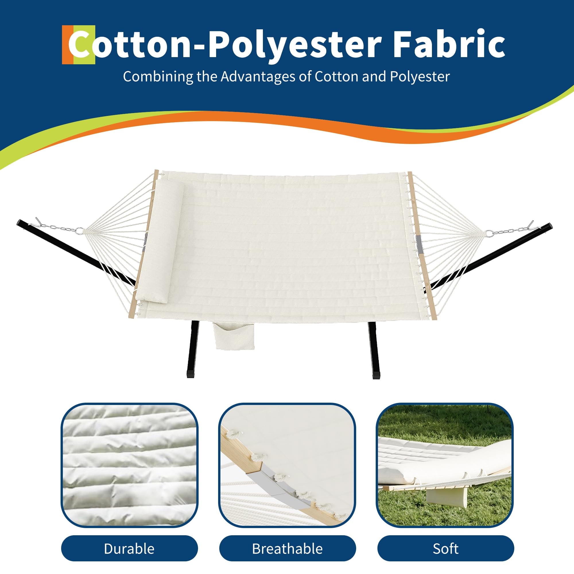 Portable 2-Person Quilted Hammock with Heavy Duty Steel Stand - Comfortable Fabric, Pillow & Carry Bag, 500LB Capacity for Indoor/Outdoor Patio, Camping, Backyard - Light Cream
