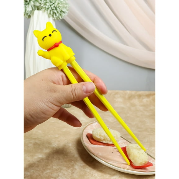 Yellow Maneki Neko Lucky Cat Reusable Training Chopsticks With Silicone Helper