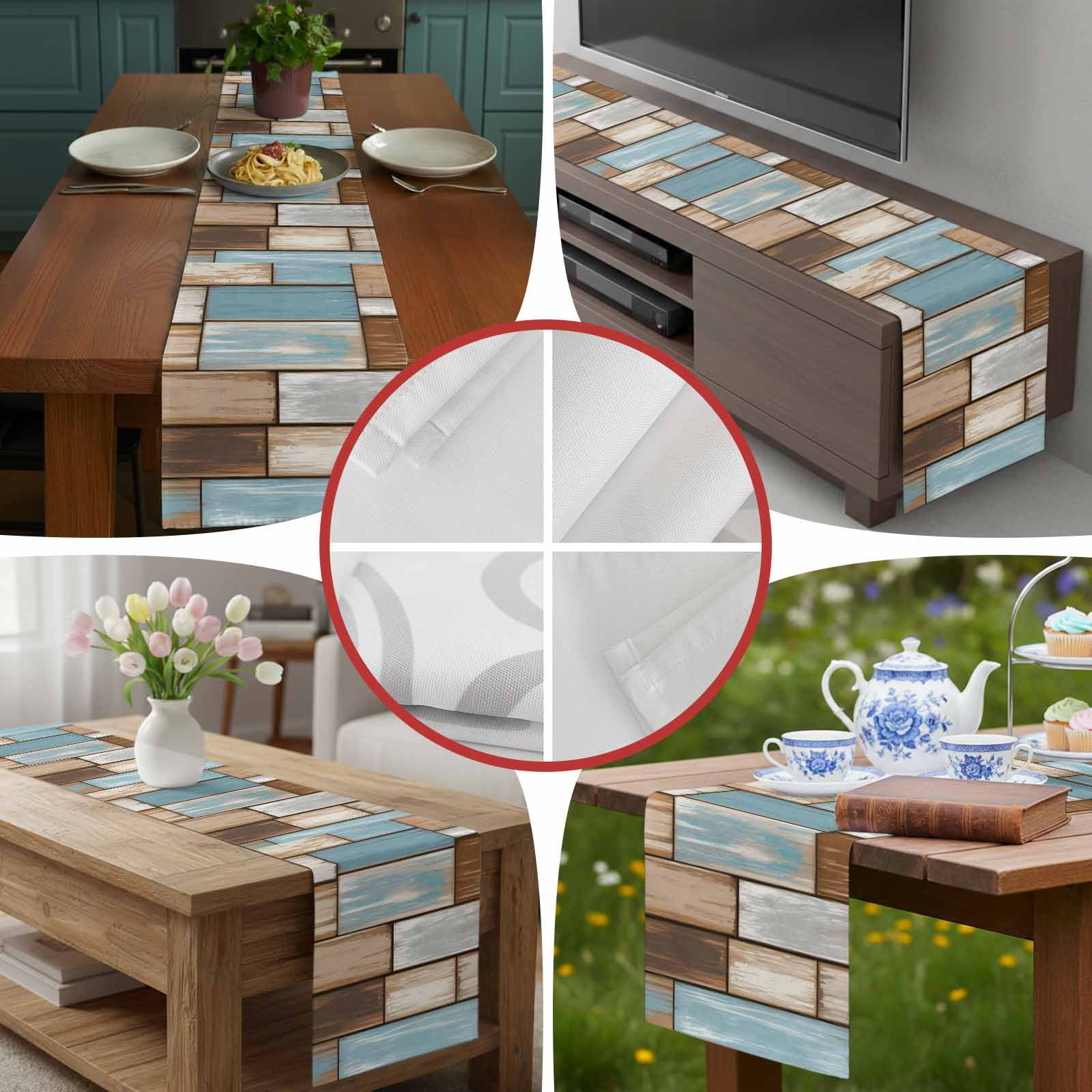 Vintage Farmhouse Wooden Board Table Runner 90 Inches Long, Rustic Blue Brown Wood Plank Table Runners Tabletop Scarf Kitchen Dining Tables Decoration for Home Party Indoor Outdoor