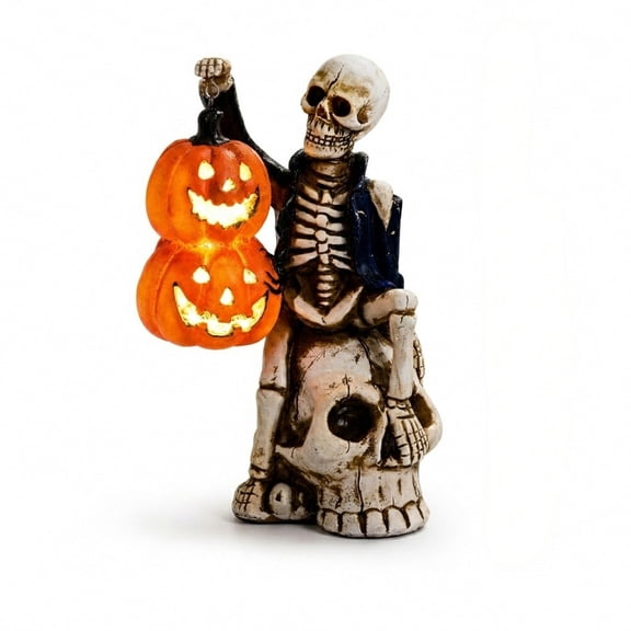 Miwamany Halloween Skeleton Figurine with Light Up Double Pumpkin, Resin Sitting Skull Statue with Glowing Jack O Lantern, Spooky Tabletop Decor for Home Fireplace Mantel Shelf Indoor Display