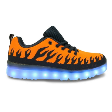 Family Smiles LED Shoes Light Up Women Sneakers USB Charging Low Top Inferno Flames (Orange)