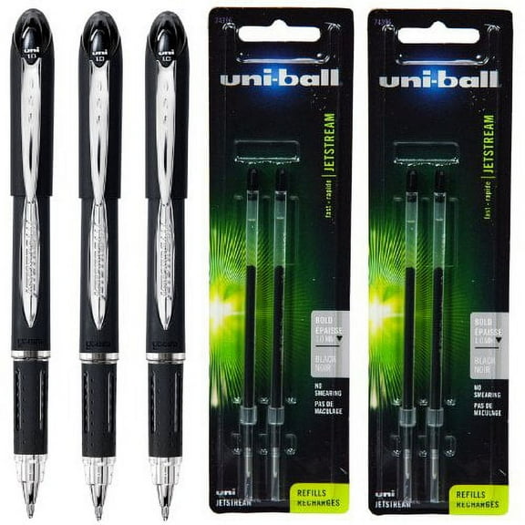 Uniball Jetstream Rollerball Pen 33921, 1.0 Bold Point, Black Ink, 3 Pens with 2 Packs of Refills