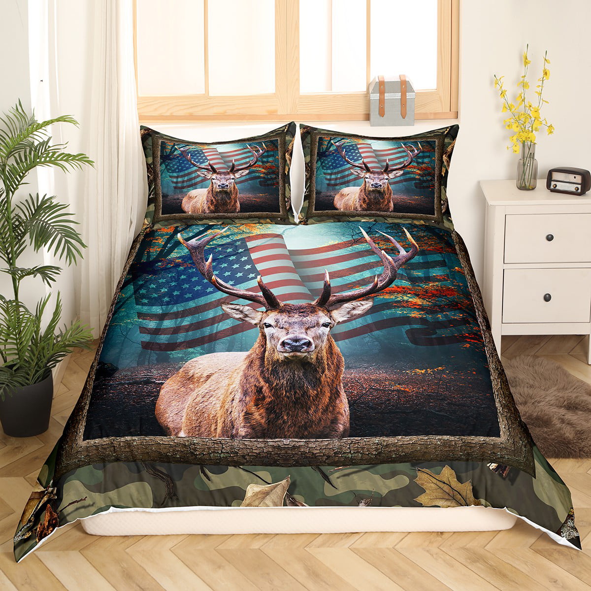 Rustic Deer Duvet Cover Full,Hunting Animal Deer Antlers Sketch Bedding Set  for Kids Boys Girls,Army Camo Art Comforter Cover,Farmhouse Natural  Wildlife Bed Sets with 2 Pillowcases Bedroom Decor 