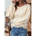 thumbnail image 6 of Womens Ribbed Sweater Crew Neck Short Sleeve Loose Fit Floral Knit Pullover Tops Cream White XL, 6 of 9