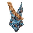thumbnail image 2 of Womens One Piece Swimsuits Ruffle V Neck Asymmetric Swimwear Retro Printed Monokini Bathing Suits, 2 of 7