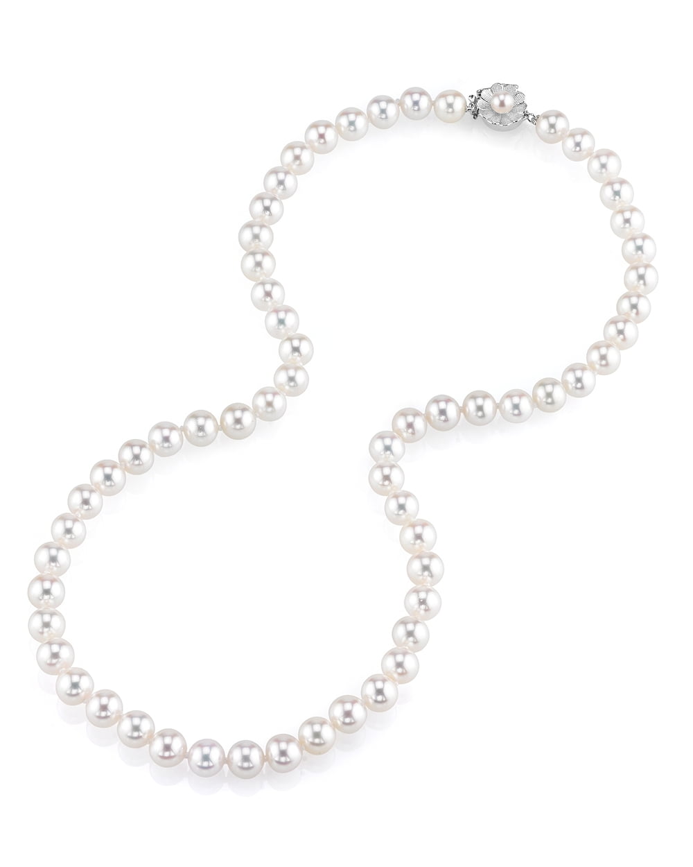 THE PEARL SOURCE 7-8mm AAAA Quality Round White Freshwater Cultured Pearl Necklace for Women with 14K White Gold Flower... by The Pearl Source