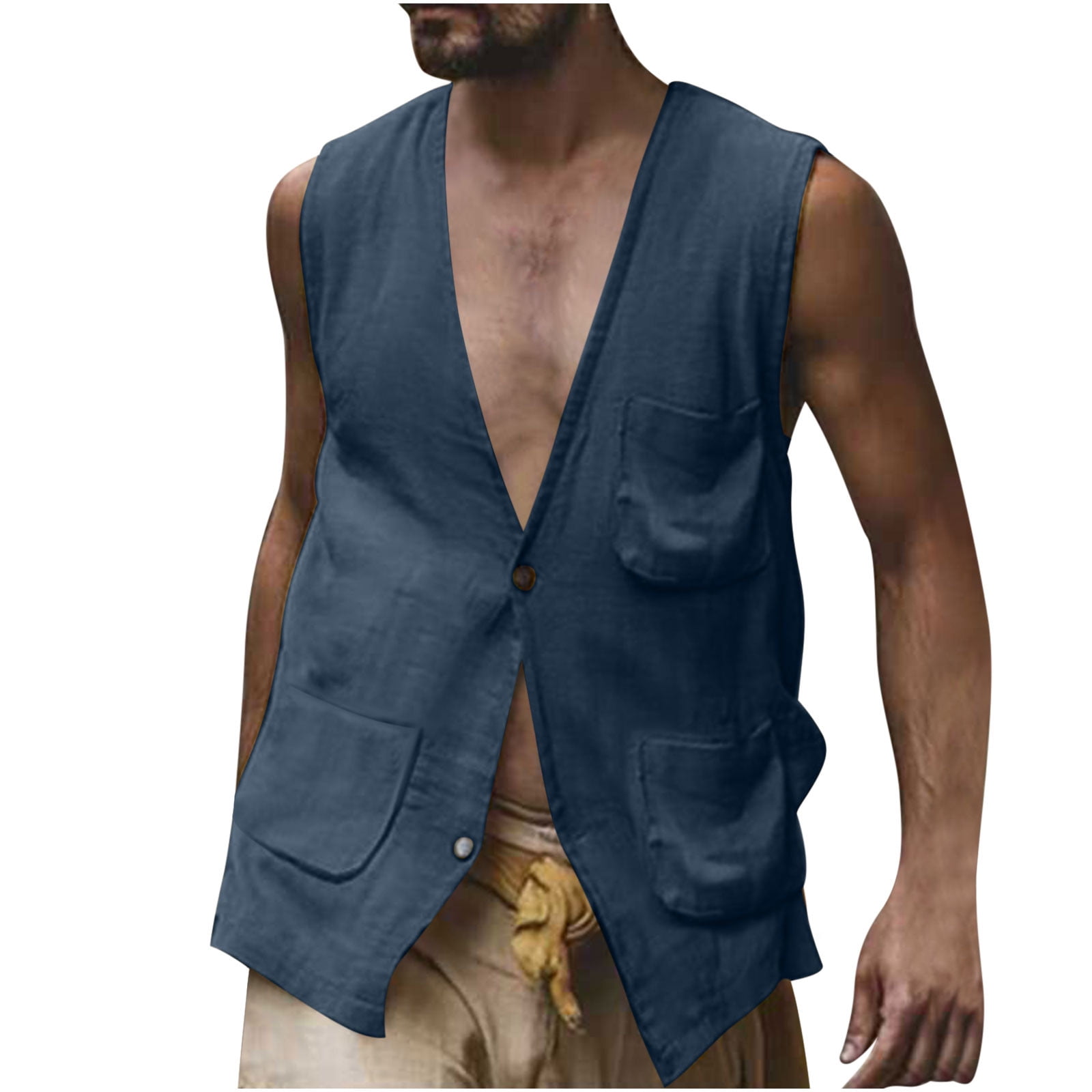 VBTAPA Men's Suit Vest Summer Linen Shirt Deep V Neck Waistcoat