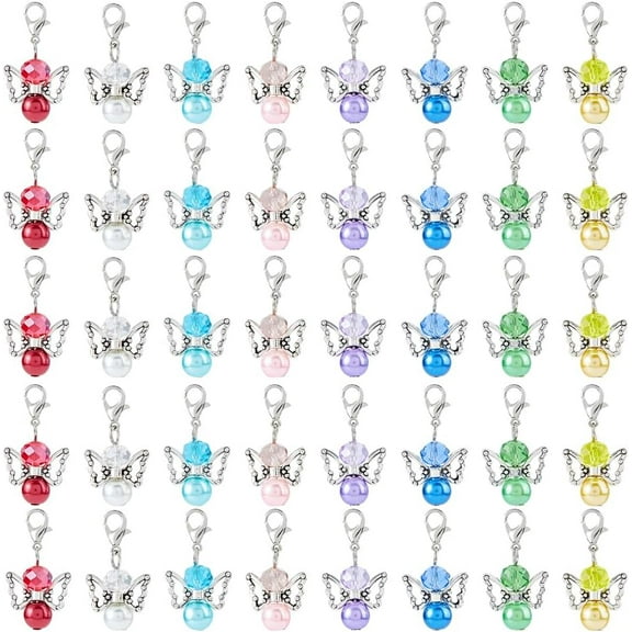 40Pcs 8 Colors Angel Wing Charms Guardian Angel Charms Fairy Dangle Pendants Clip On Charm Colorful Glass Round Beads Charm with Lobster Clasps