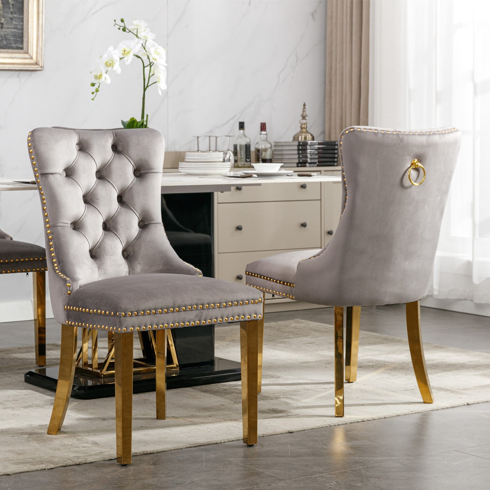 Dining Chairs, Accent Diner Chairs with Nailhead Trim and Back Ring Pull, Velvet Fabric Dining Room Chairs, Side Chair Kitchen Chairs with Golden Stainless Steel Plating Legs (Set of 4)
