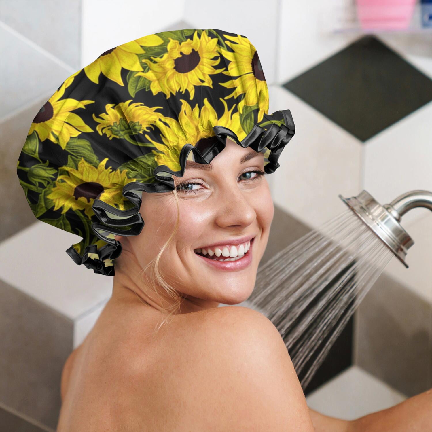 Shower Caps,Black Green Stem Sunflower Pattern Waterproof Shower Cap for Women 4 Pieces,Double Reusable Hair Cover for Shower PEVA Elastic Stretch Hem