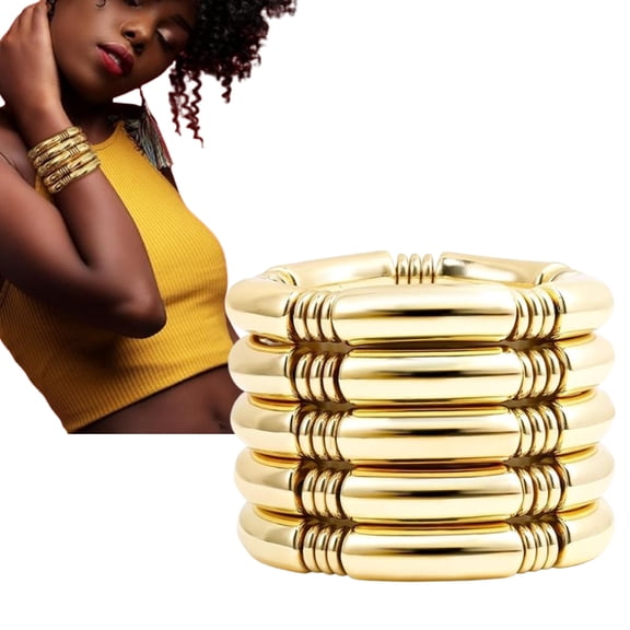 Set of 5 Chunky Gold Plated Bangles, Curved Bamboo & Tube Stretch Bracelets Stack, 14k Gold Layered Bracelets for Women, Ideal Birthday Holiday Gift
