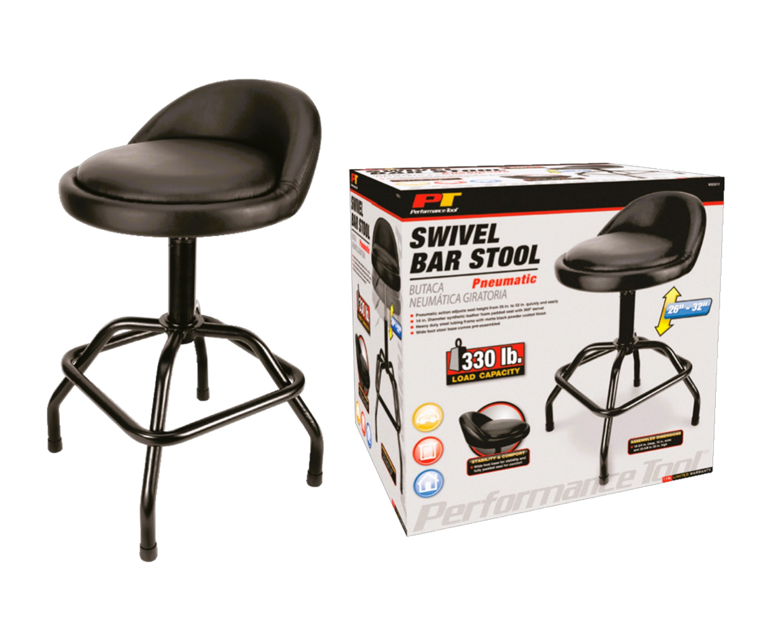 Performance Tool W85011 Pneumatic Swivel Bar Stool With Back Support 