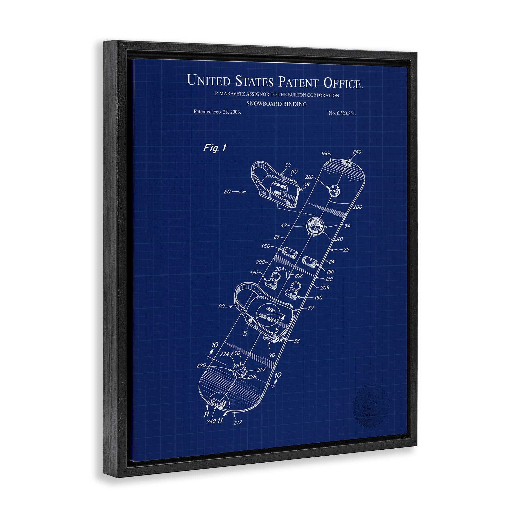 Stupell Industries Snowboard Binding Blueprint Transportation Painting Black Floater Framed Art Print Wall Art, 17 x 21