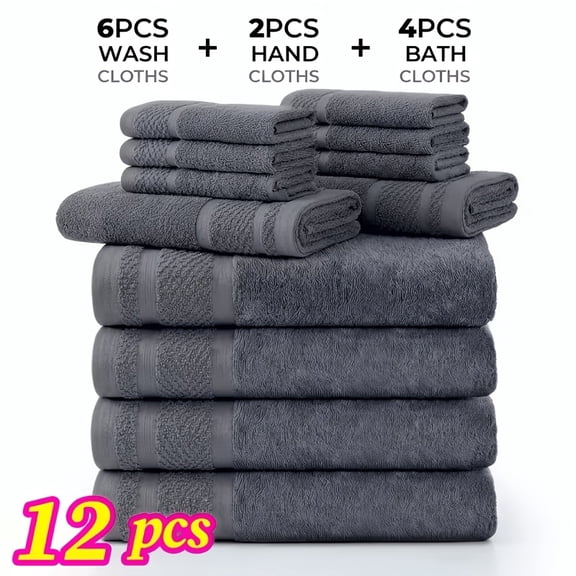 12pcs Bath Towel Sets, Solid Color Cotton Blend Bathroom Towel, 4 Bath Towels 2Hand Towels 6Washcloths, Multiple Colors Available, Soft And Absorbent, Family Towel Set, Suitable For Bathroom