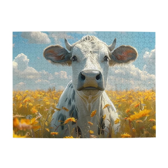 500-Piece Wooden Jigsaw Puzzle for Adults - Cow In Meadow Under Blue Sky , Fun & Challenging Brain Teaser, Stylish Home Decor & Unique Gift