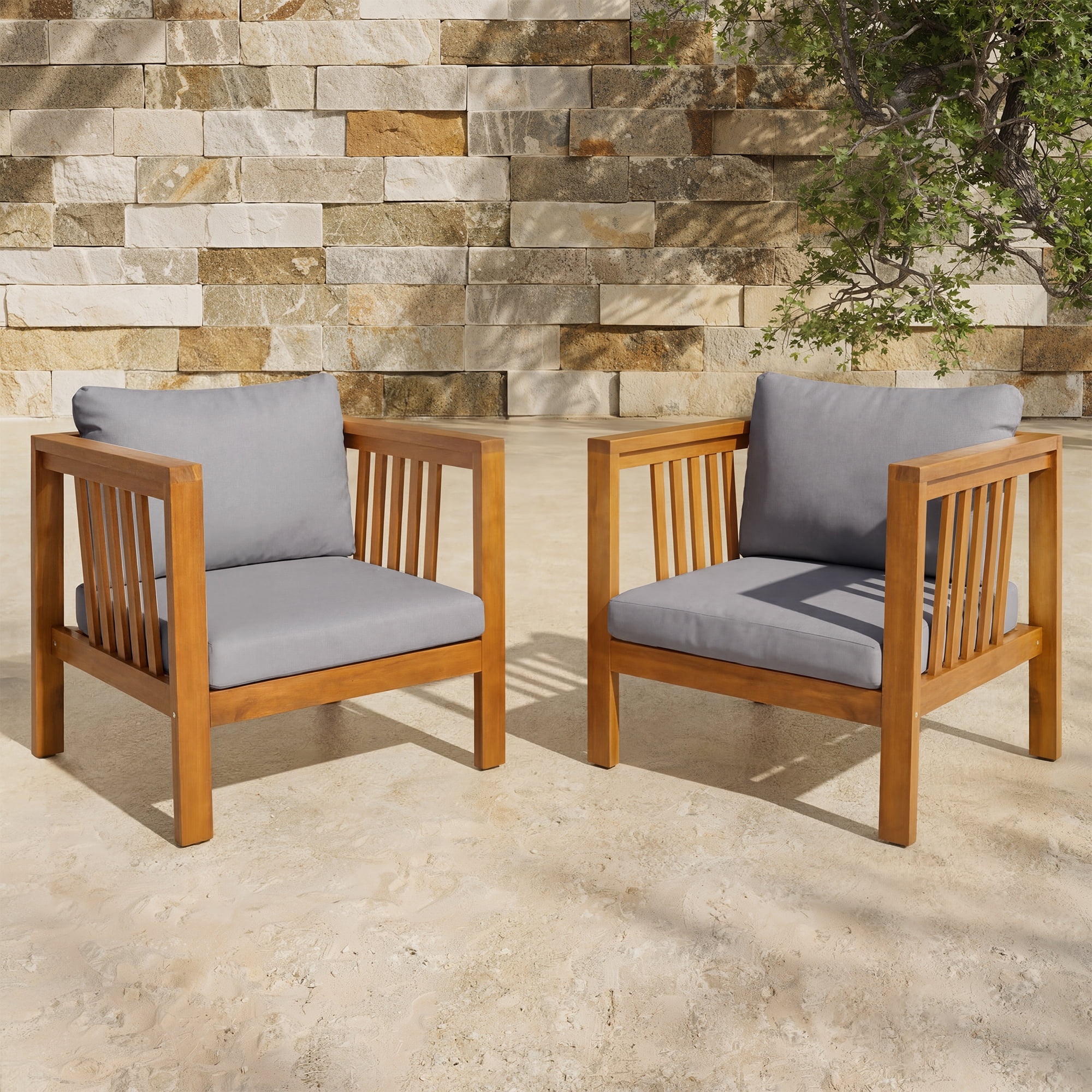 Mintazer Outdoor Club Chairs Set of 2, Patio Armchairs with Cushions & Adjustable Leveling Feet for Patio, Garden, Balcony & Backyard, Natural & Grey