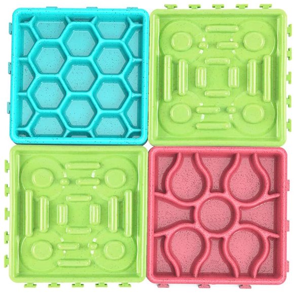 Dog Lick Mat Slow Feeder Set, Detachable Assembled ABS Dog Bowl Silicone Lap Pad with Non-Slip Mats Suction Cups Pet Tray for Small Medium Dogs Cats Red+Blue+Green 4Pcs