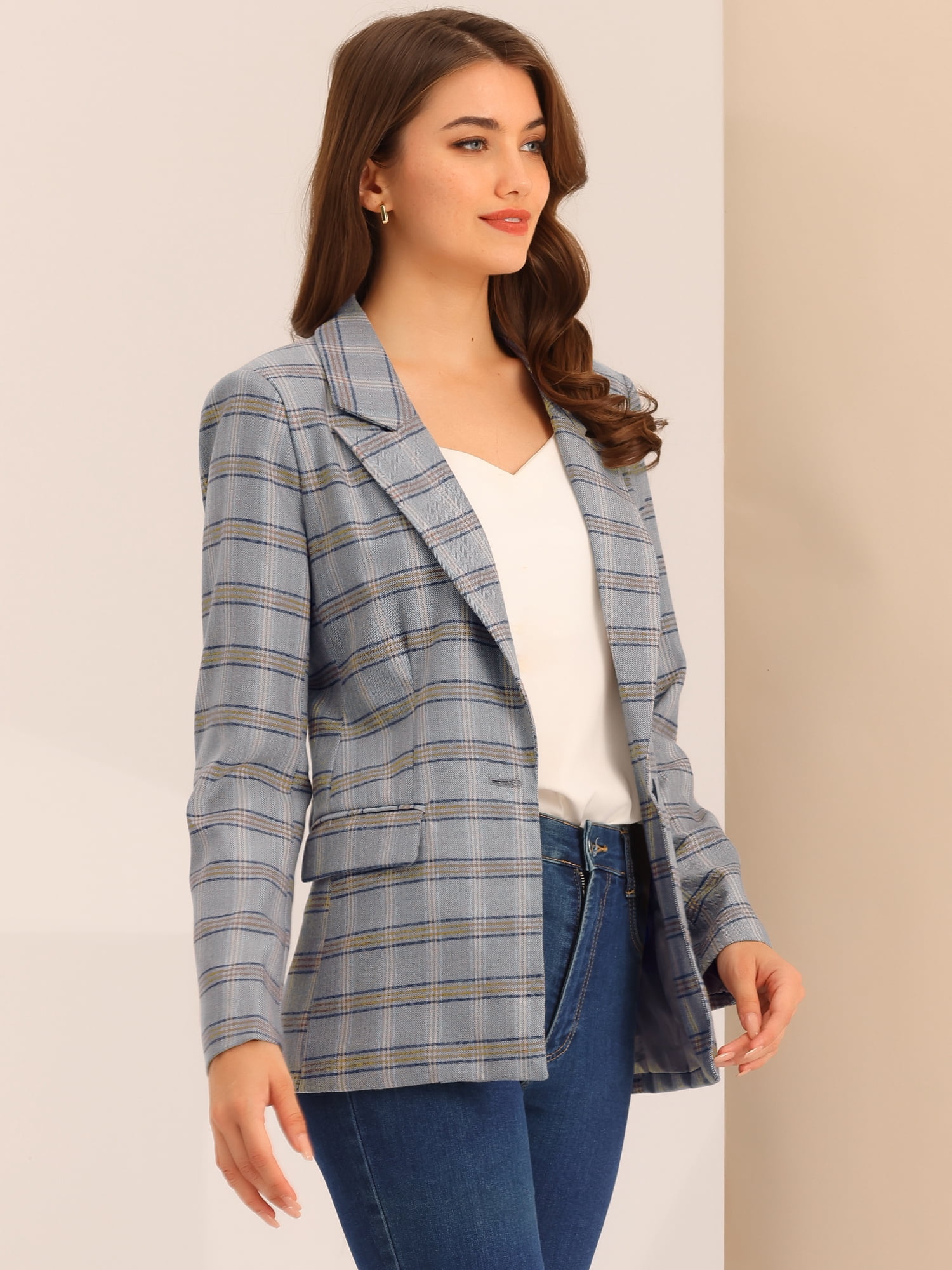 DARING DIVA Women's Boyfriend Notched Lapel One Button Blazer Suit Plaid Blazer Jacket M Grey Blue