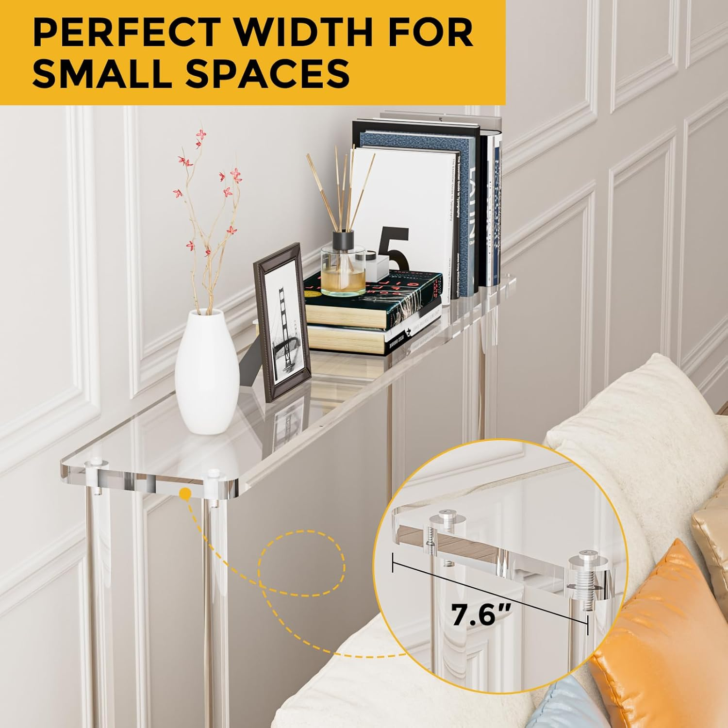 Acrylic Narrow Console Table for Entryway, 7.6" D x 39.4" W x 29.9" H, Square Legs, Skinny Entry Table for Sofa, Foyer, Hallway, Living Room, Modern, 2-Tier, Clear