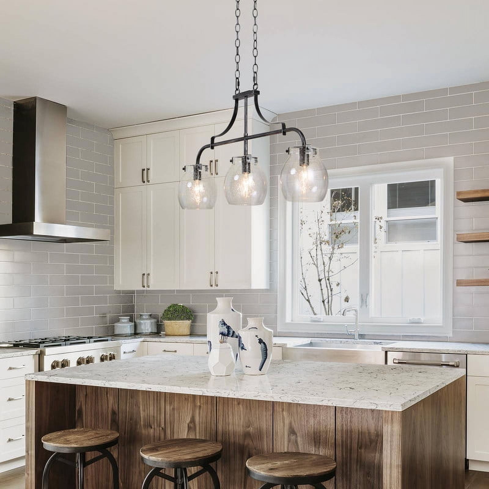 LNC 3-Light Black Kitchen Island Chandelier withseeded Glasss, Adjustable Hanging Fixture