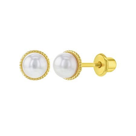White Simulated Pearl Rope Bezel Gold Plated Screw Back Earrings For Babies 4mm