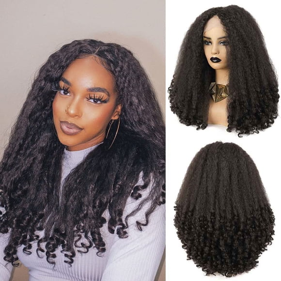 SOKU Perruque en Dentelle Afro Bouclée Synthétique Droite avec Extrémités Bouclées Perruque Transparente en Dentelle Suisse Cheveux Bouclés 20 Pouces Brun Foncé Amical pour Femmes Noires