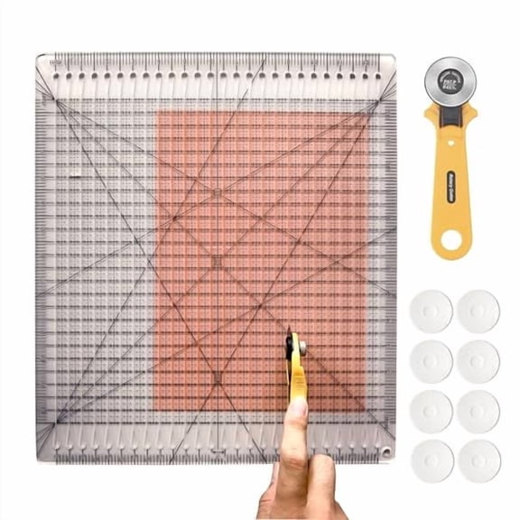 Square Slotted Quilting Ruler with Rotary Cutter -12.5"*12.5" Clear Acrylic Ruler for Precise Fabric Cutting | Quilting Rulers & Sewing Rulers | Includes Non-Slip Pads