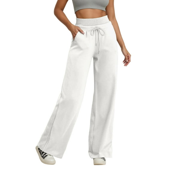Fiaer Women's Casual High Waist Wide Leg Pants with Drawstring Soft Comfort Stretchy Plus Size Workout Yoga Trousers Solid Slacks for Running Outdoor Activities Silver XL