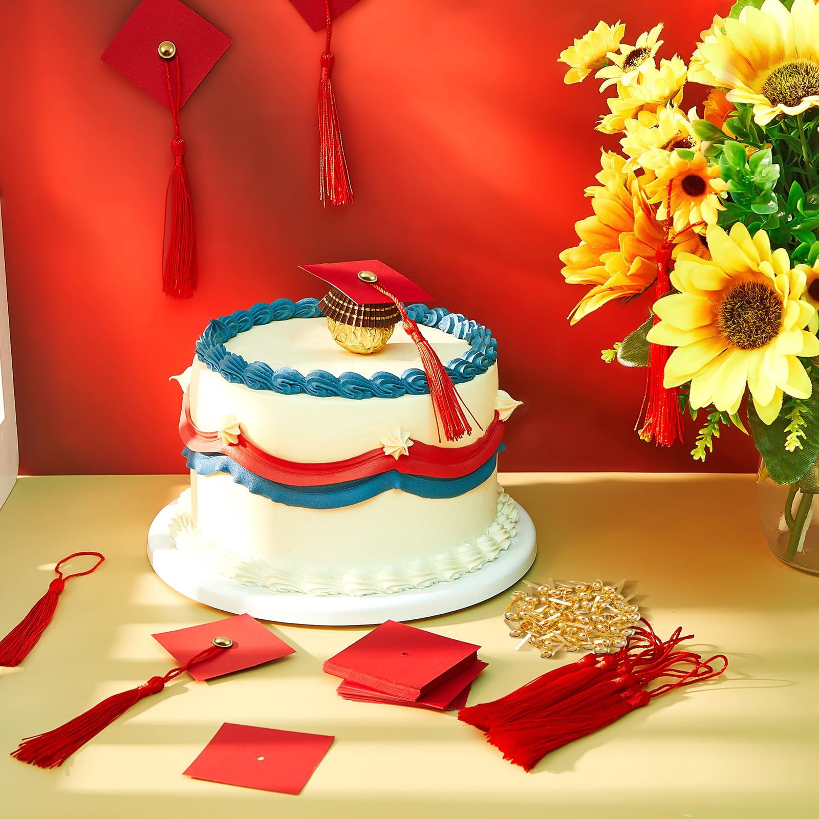 50 Red Graduation Cap Cupcake Toppers Mini Chocolate Decor for Themed Parties