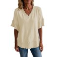 thumbnail image 2 of Linen Shirts for Women Summer Short Sleeve Loose Casual V Neck Raw Distressed T Shirt Lightweight Beach Tops, 2 of 5