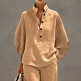 thumbnail image 4 of pstuiky Two Piece Sets for Women Summer Solid Color Cotton Linen Sets Batwing Sleeve V Neck Button Shirts and Wide Leg Pants Set Matching Lounge Set Casual Outfit Khaki,XXL, 4 of 9