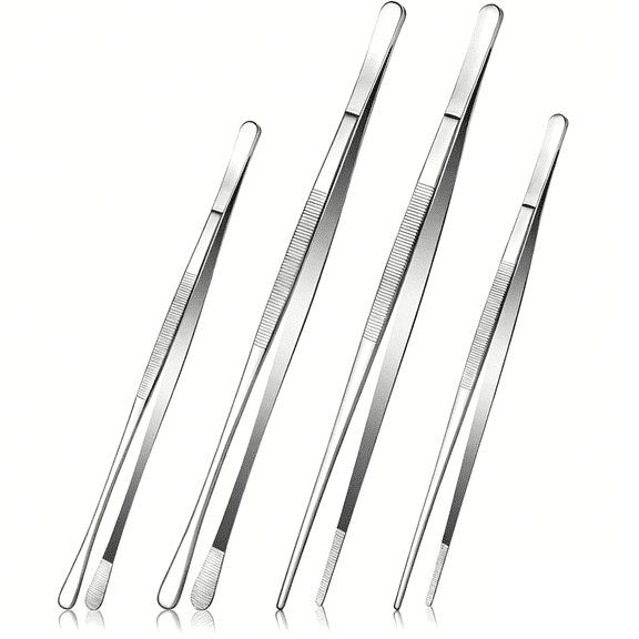 4 Pcs 9.8" & 11.8" Stainless Steel Kitchen Tweezers Tongs, Straight & Round Tips, for Grilling Cooking Plating