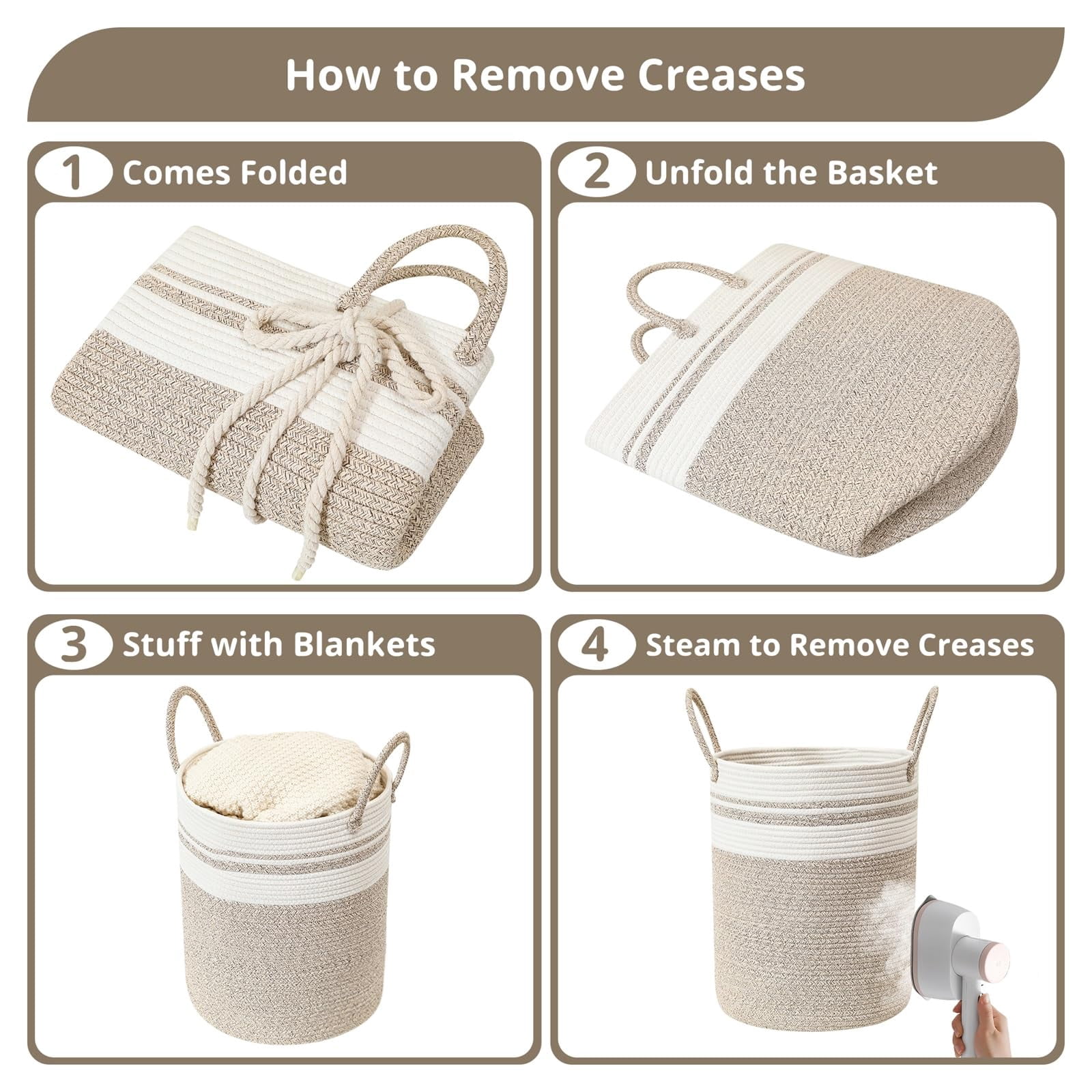 60L Large Woven Laundry Basket Hamper, 100% Natural Cotton Rope, Handwoven & Durable, Storage for Blankets, Toys, Clothes, Nursery Hamper for Living Room, Baby Room, Bedroom (Brown and White)