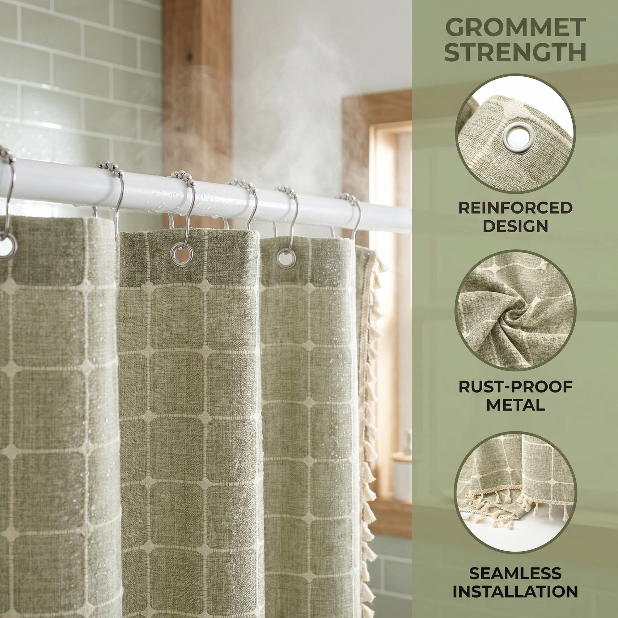 Unique Bargains Boho Plaid Blend Shower Curtain Sets with Hooks Green 72"W x 72"L