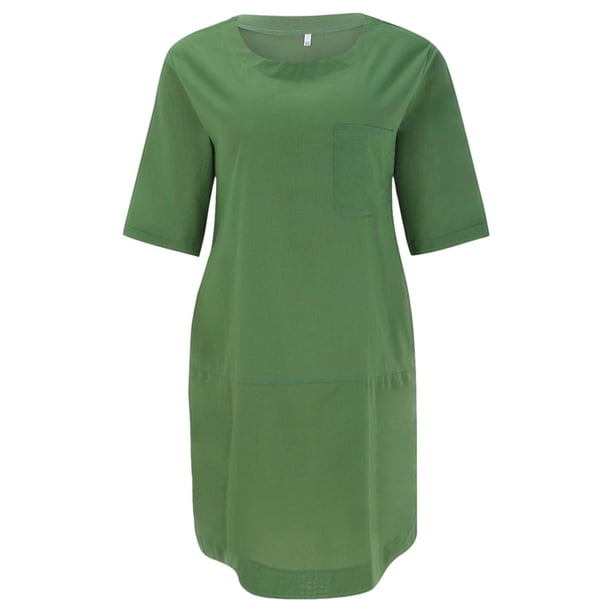 Gibobby Vestidos para Mujer Casuales Vestido holgado de moda para mujer, informal, con cuello redondo, manga media, bolsillo de lino(Verde,M)