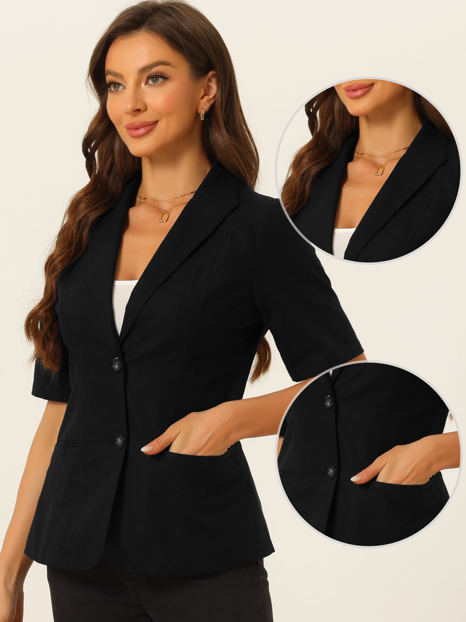 DARING DIVA Women's Cotton Linen Short Sleeve Blazer for Work Office L Black