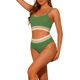 thumbnail image 4 of Conjuntos de bikini de dos piezas de talle alto con canalé para mujer, traje de baño con tirantes ajustables, color verde ejército grande, 4 of 5