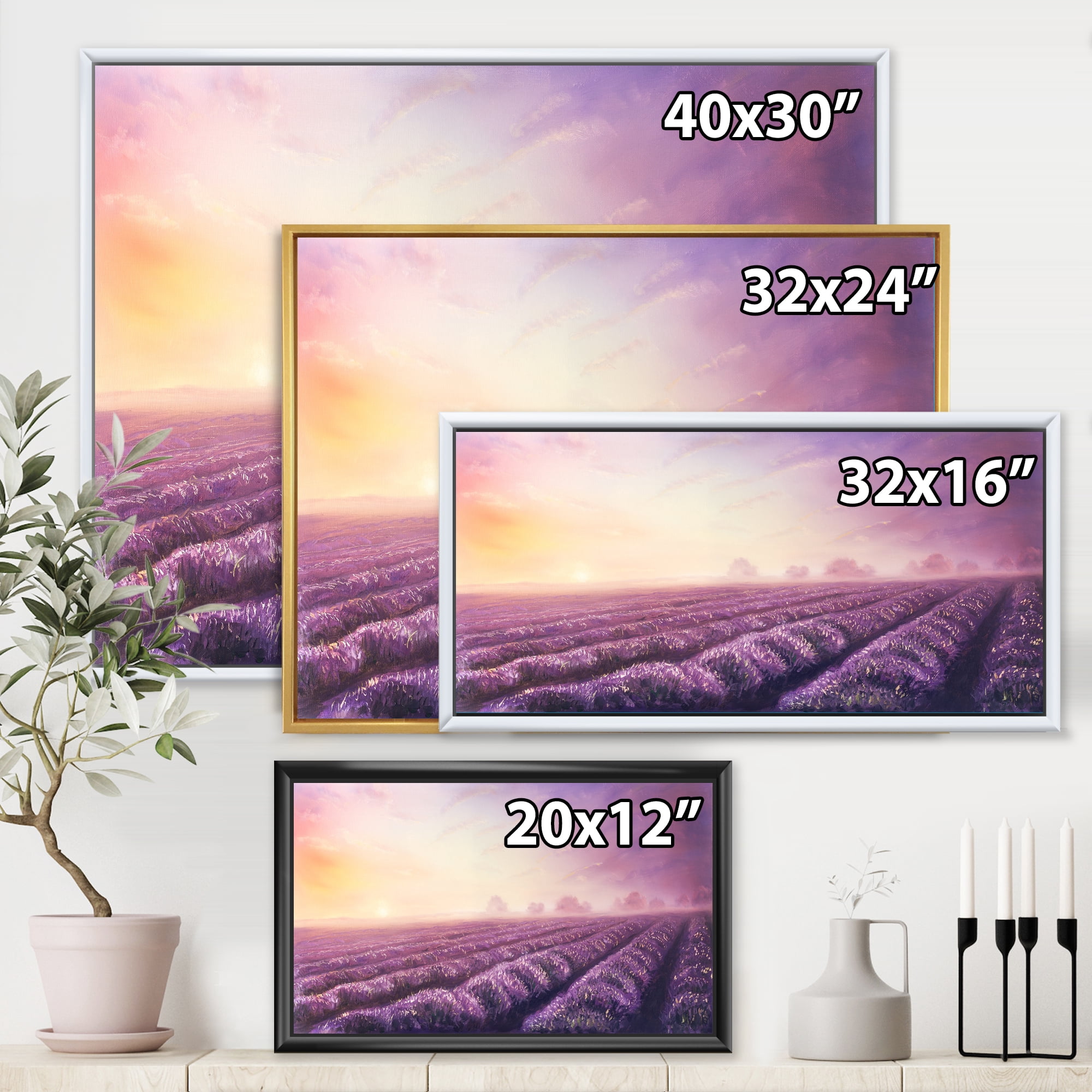 Designart 'Lavender Fields During Sunrise' Modern Framed Canvas Wall Art Print
