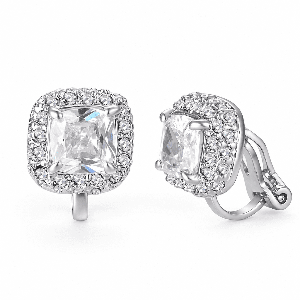 AURENIX Square Crystal Clip on Earrings for Women White Gold Plated Halo Fake Small Non Pierced Cz Ear Jewelry Holiday Gift Clip on Christmas Earrings