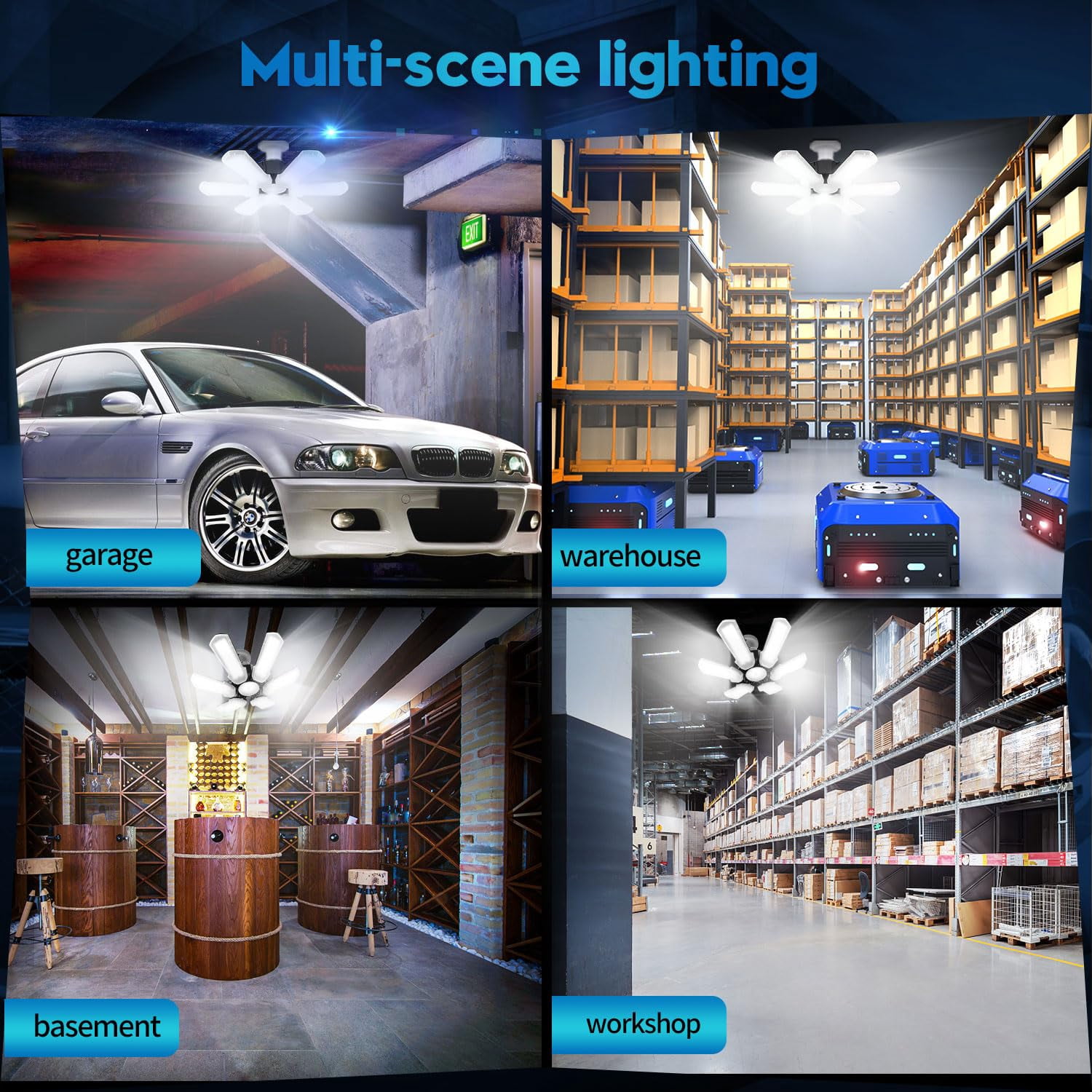 2 Pack LED Garage Lights, 150W Deformable Best Ceiling Shop Lights, 15000LM LED Light 6500K Garage Lighting with 6+1 Adjustable Panels Bulb for Basement