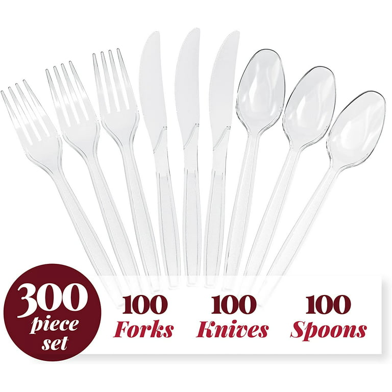 Prestee 300 Plastic Silverware Set, Clear Plastic Cutlery Set