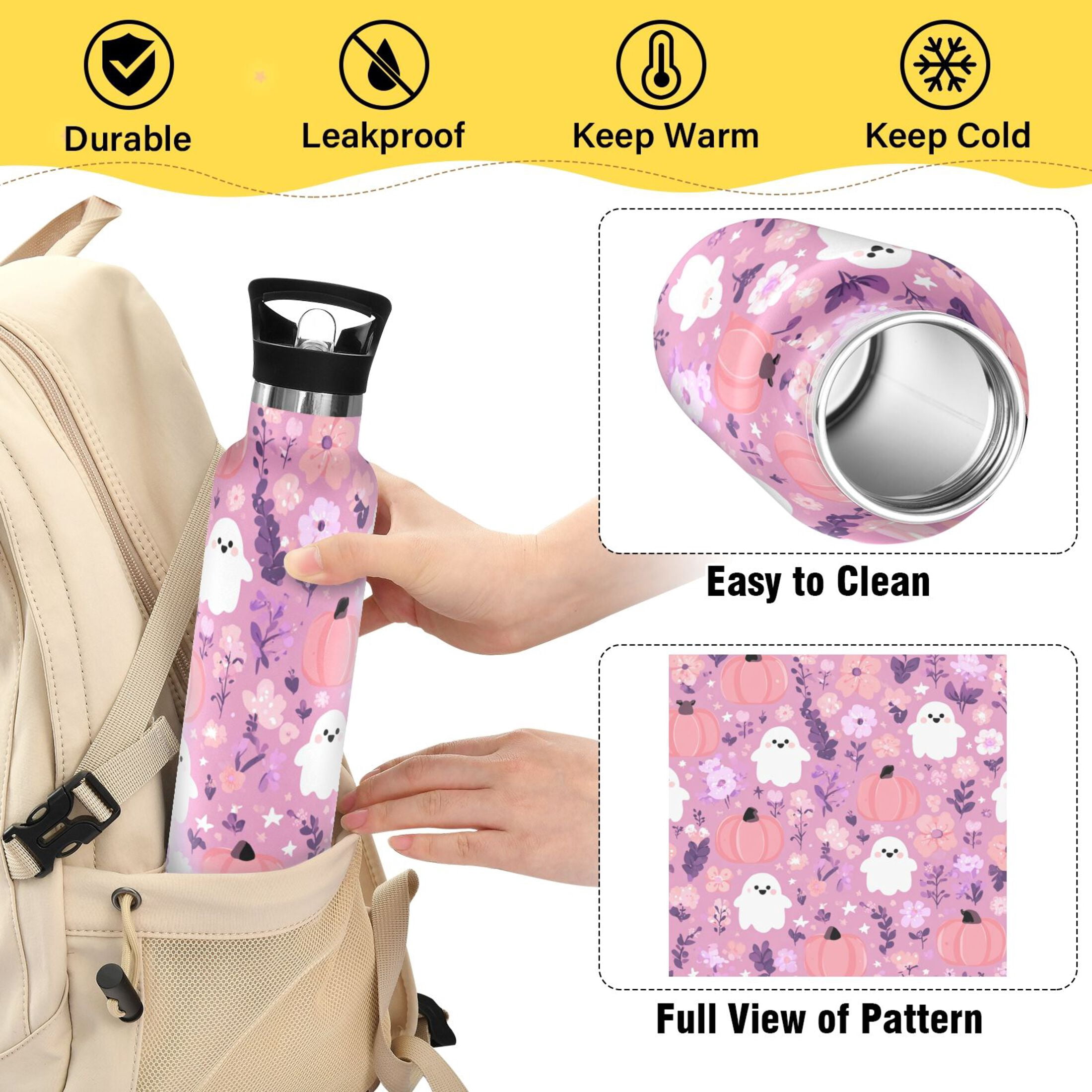 Kids Insulated Stainless Steel Sports Water Bottle 600ml (20oz) Pink Pastel Cute Halloween Pattern